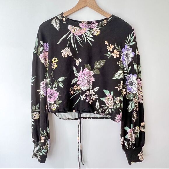 love, Fire Tops - Love Fire Floral Crop Drawstring Cozy Sweatshirt Pullover Top S